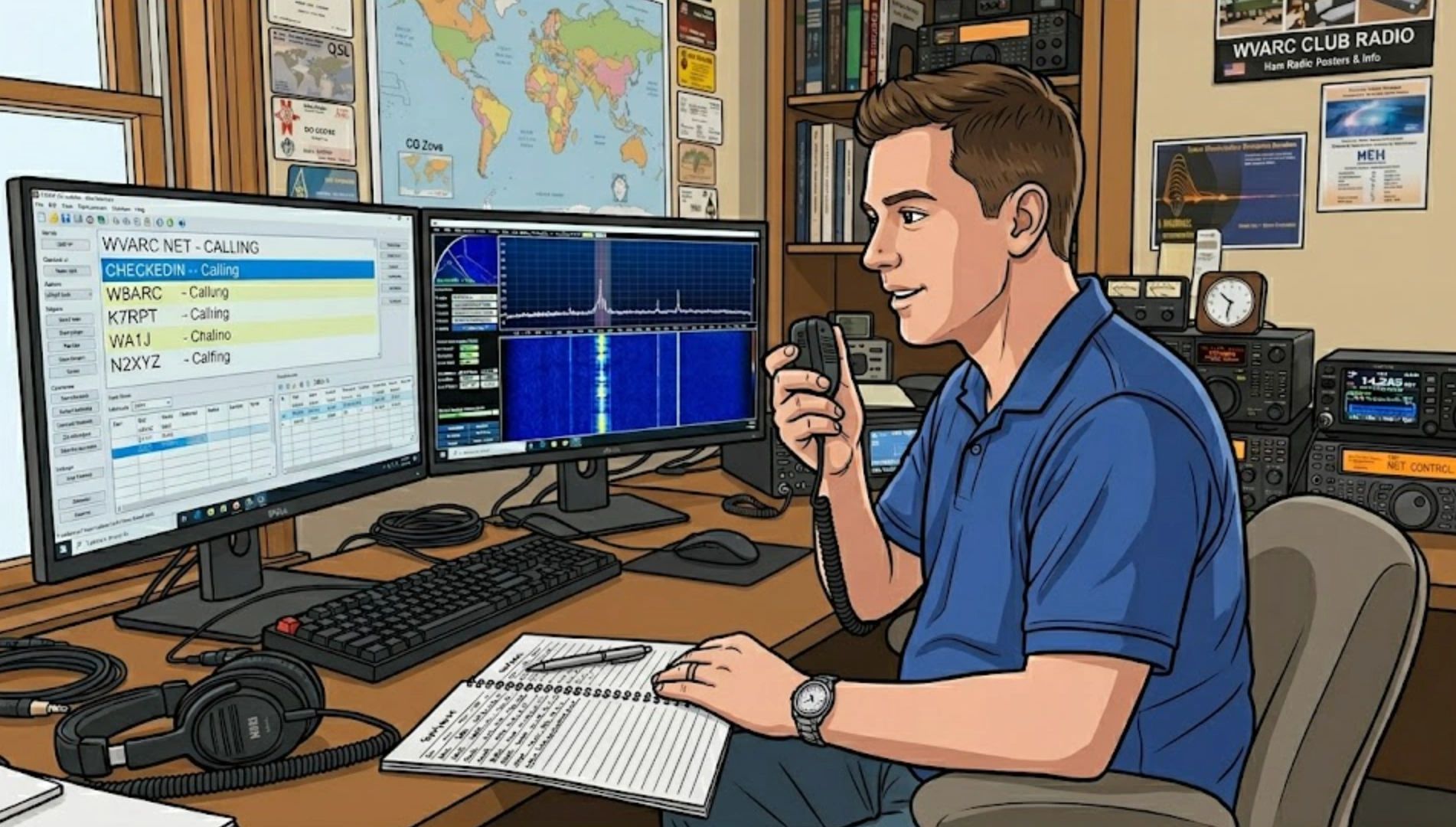 Illustration of a West Valley Amateur Radio Club net control operator at a radio station, speaking into a microphone while logging check-ins on a computer.
