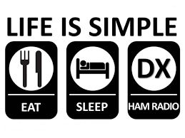 Black-and-white graphic reading “Life Is Simple” with icons for eat, sleep, and ham radio.