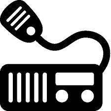 Black-and-white icon of a handheld microphone connected to an amateur radio transceiver.