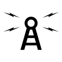 Black-and-white icon of a radio tower transmitting signals.