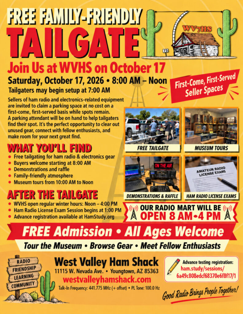 Flyer for the free family-friendly West Valley Ham Shack Tailgate on Saturday, October 17, 2026, from 8:00 AM to noon