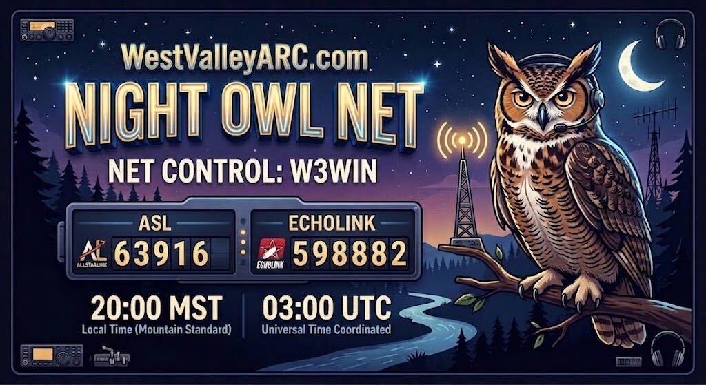Night Owl Net artwork featuring an owl wearing a headset. Net control W3WIN, AllStar 63916, EchoLink 598882, 20:00 MST / 03:00 UTC.